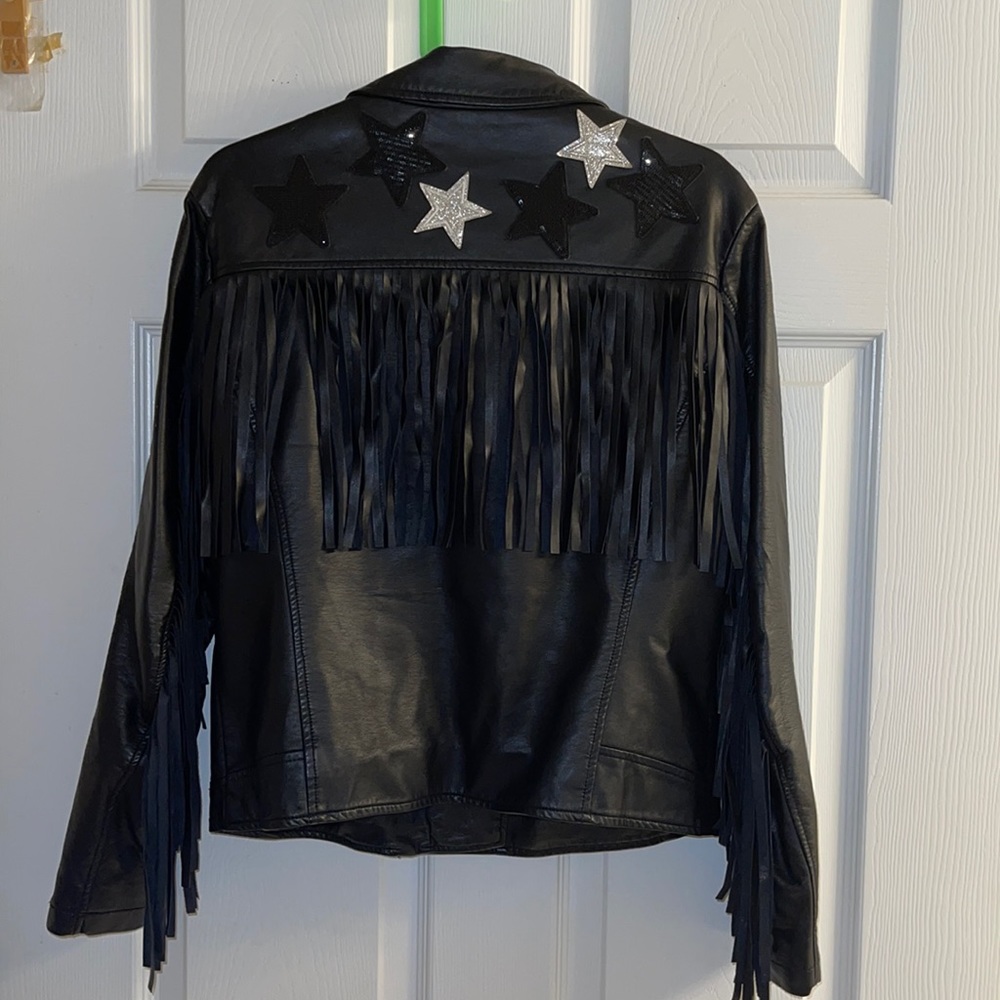 Nasty Gal Vegan Leather Fringe Black Moto Jacket Sequin Stars Tassels